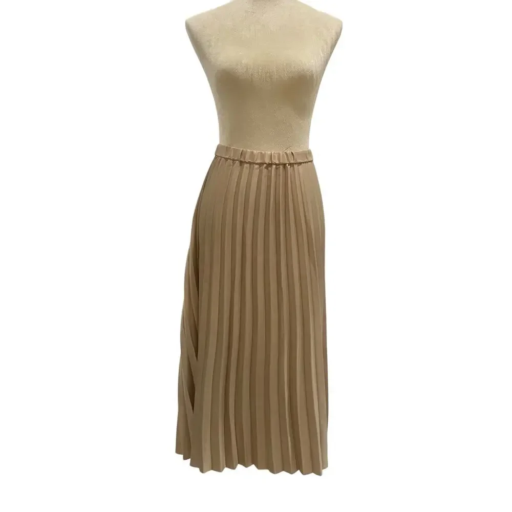 Anne Klein X-Large Beige / Tan Elastic Waistband Beige Pleated Flowy Midi Skirt